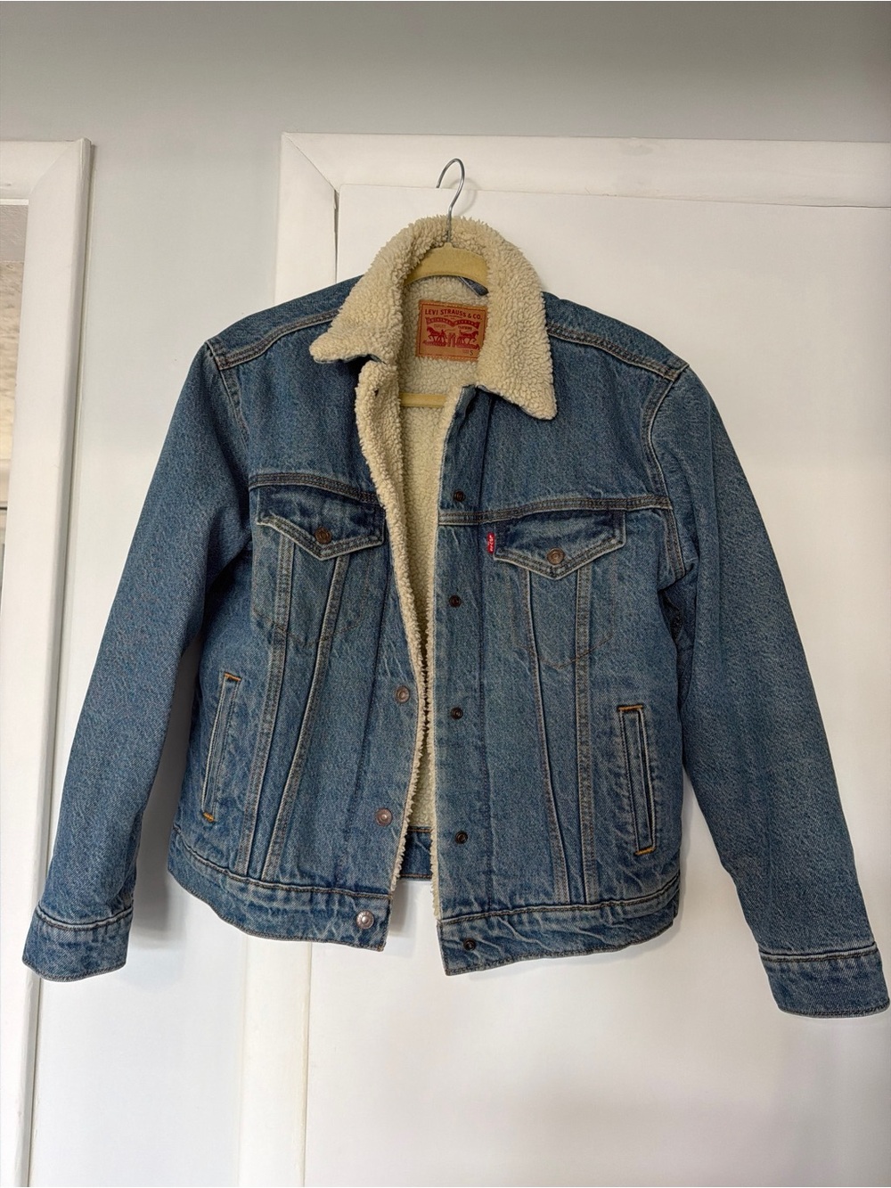 Levi’s Original Blue Denim Sherpa Trucker Jacket Fleece Size S Women’s